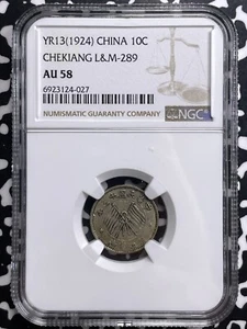 (1924) Year 13 China Chekiang 10 Cents NGC AU58 Lot#G9647 Silver! L&M#289 - Picture 1 of 3