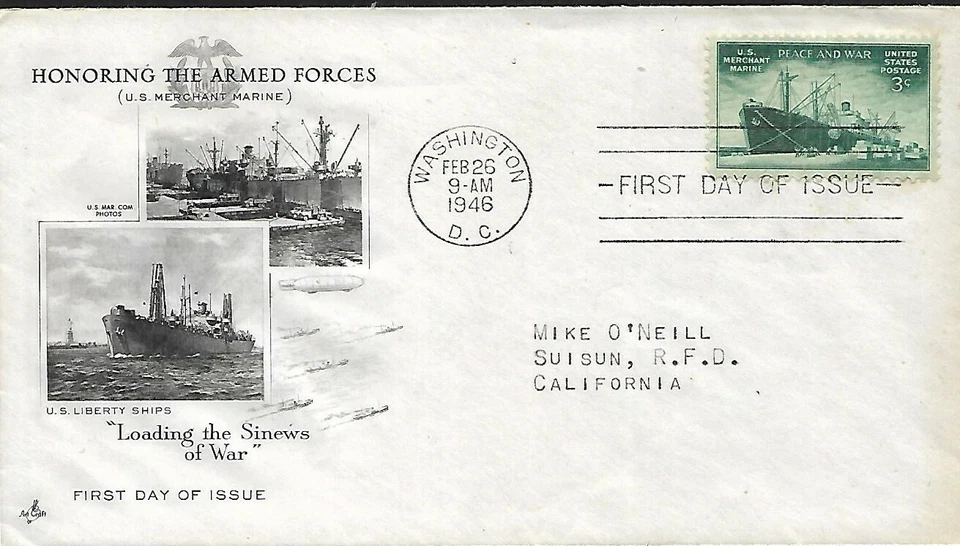 USA 1946 FDC LIBERTY SHIP UNLOADING CARGO MARCHANT MARINE + CACHET # 500 - Image 1 of 1