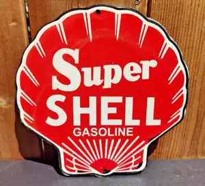 VINTAGE SUPER SHELL GASOLINE GAS OIL DEALER PORCELAIN N ENAMEL 8" x 8" - Picture 1 of 3
