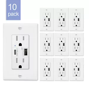 10PCS 5.8A High-Speed USB Type C Wall Outlet Charger Dual Plug Duplex Receptacle - Picture 1 of 11