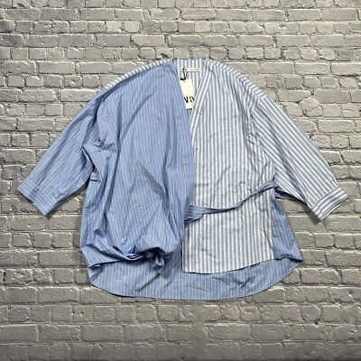 Camisa ZARA The Peoni Azul Rayas M Algodón Manga Larga Gran Tamaño Blusa Envolvente NUEVA Foto 1 de 4