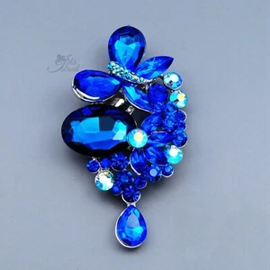 Women Blue Crystal Flower Butterfly Drop Brooch Pin Silver Wedding Prom 20228 - Picture 1 of 4