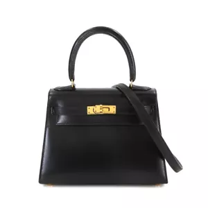 HERMES Mini Kelly 20 Hand Shoulder Bag Box Calf Leather Black Purse 90244070 - Picture 1 of 11