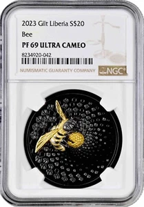Liberia 20 dollars 2023, NGC PF69 UC, "Entoma - Bee (Gilt)" Pop 2/1 silver coin - Picture 1 of 2