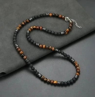 ✅ STYLISCHE TIGERAUGE & LAVASTEIN HERREN EDELSTEIN HALSKETTE PERLEN KETTE 55CM✅ - Bild 1 von 4