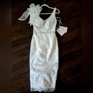 Robe midi sans manches ivoire Mac Duggal 79337 perles brodées paillettes dentelle 2 - Photo 1/16