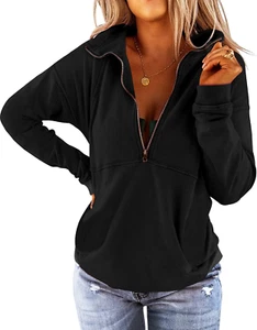 Women'S Long Sleeve Lapel Half Zip up Sweatshirt Solid Stylish Loose Fit Casual - Picture 1 of 5