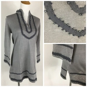 NWT TOMMY BAHAMA Gray Pearl Beaded Linen Blend Knit Sweater Womens sz Small - Picture 1 of 10