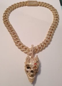 mens gold Plated CZ Cuban Chain 18mm 24in And Iced Gold Skull Pendant Set - Picture 1 of 22