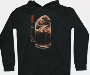 Felpa con cappuccio pullover The Great Wave of Beer uomo 4XL nera nuova senza etichette - Foto 1 di 4