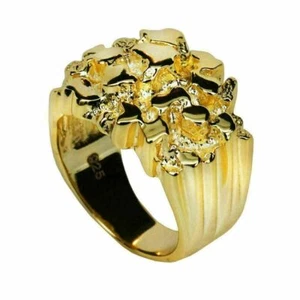 Men's 14k Gold Plated REAL Solid 925 Sterling Silver Heavy Nugget Ring Size 6-13 - Picture 1 of 14