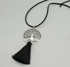 925 Sterling silver Tree of Life large pendant long suede necklace silk tassel