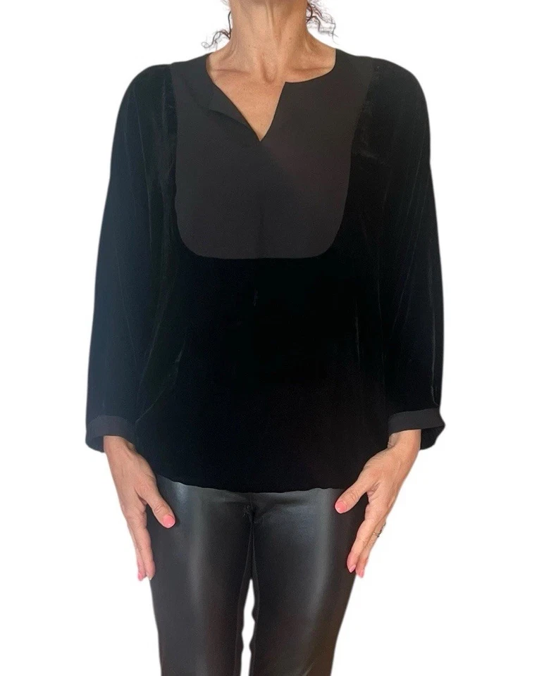 MUJER ELIE TAHARI BLUSA TOP TERCIOPELO NEGRO MANGA LARGA DOLMAN CUELLO EN V DIVIDIDO S Foto 1 de 4