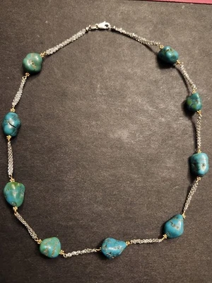 14k White And Yellow Gold Natural Turquoise Necklace 17.1 Grams TW - Image 1 of 4