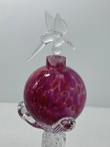 Vtg Perfume Bottle W/Hummingbird Stopper Marbled Pink Hand Blown Glass - Picture 1 of 16