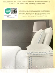 NEW 4pc Joie KING Luxury Cotton Sheet Set Embroidered Blue Scalloped Trim Edge - Picture 1 of 7