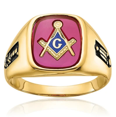 14K Solid Yellow Gold Mens Black Lab Ruby Masonic Ring - Image 1 of 4