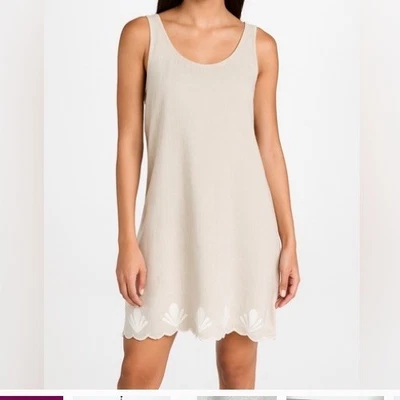 Calypso St Barth Linen Blend Dress Sz L New Beige Pocket Scalloped Embroidered - Image 1 of 4