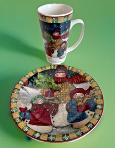 Tazza/tazza CIC Susan Winget pupazzo di neve e snowkids e piatto insalata/pranzo/dessert 8" - Foto 1 di 13