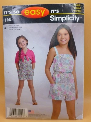 SIMPLICITY 1145 GIRL+TEEN 3-14 YRS PLAYSUIT+BOLERO KNIT CARDIGAN SEWING PATTERN - Image 1 of 2