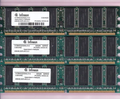 768MB 3x256MB PC-3200 INFINEON HYS64D32300GU-5-C DDR-400 DDR1 CL3 Ram Memory KIT - Image 1 of 3