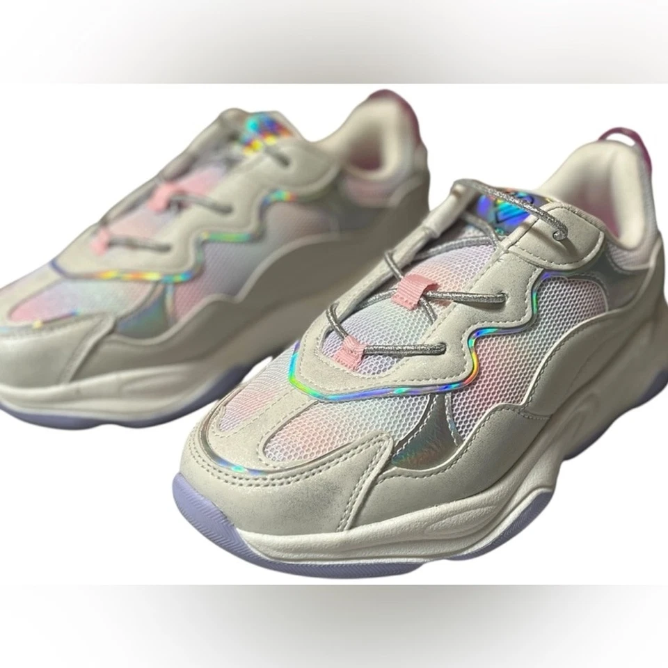 Justice Shimmer No Tie Athletic White Sneakers Size 3 Back To School Athleisure - Image 1 of 4