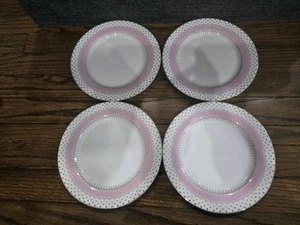 Set 4 Grace Teegeschirr 8 Zoll Salatteller rosa gold Streifen Punkte Porzellan Teller - Bild 1 von 4