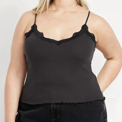 Camiseta sin mangas con ribete de encaje Cami para mujer talla 4X negra pantera acanalada Elena Bella Swan Y2K Foto 1 de 4