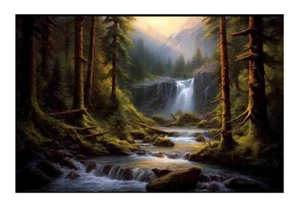Sunlit Forest Cascading Waterfall, Nature Landscape Art Print Canvas, Home Decor - Picture 1 of 10
