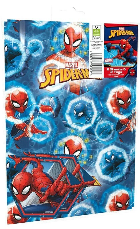 MARVEL SPIDERMAN GIFT WRAPPING PAPER - 2 SHEETS & 2 TAGS  birthday FAST DISPATCH - Image 1 of 1
