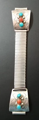 Correa de reloj nativa americana de plata esterlina, turquesa, coral 18 mm Zuni o navajo Foto 1 de 4