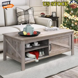 Farmhouse Coffee Table W/ Storage Sliding Door Adjustable Shelf Rustic Style New - Picture 1 of 3