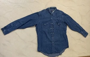 Vintage Wrangler Blue Denim Work Shirt Size 17.5 - 35 Long Distressed Inv H - Picture 1 of 3