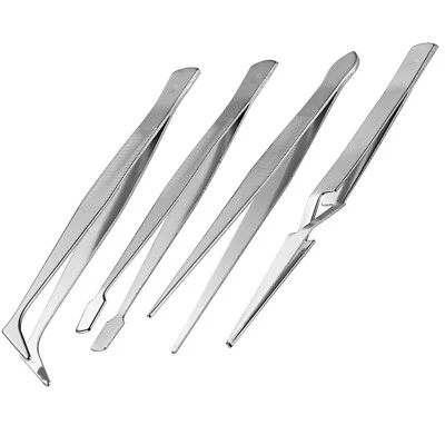 FIXPOINT Pinzetten 4er Set Spitzpinzette Kreuz Flach Gerade Gebogen Modellbau Augenbrauen