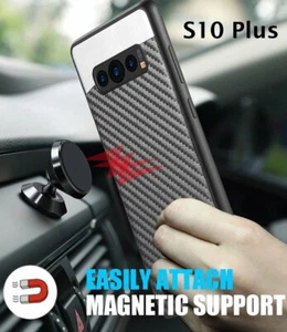 For Samsung Galaxy S10+ PLUS - Magnetic Backplate BLACK Carbon Fiber Rubber Case - Picture 1 of 8