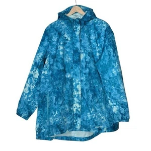 Lands' End TieDye Regenmantel Trichterkragen Kapuze durchgehender Reißverschluss Gr. XL blau Taschen - Bild 1 von 15