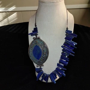 Iris Apfel & Bajalia Silver Metal & Lapis Lazuli HUGE Statement Necklace - Picture 1 of 8