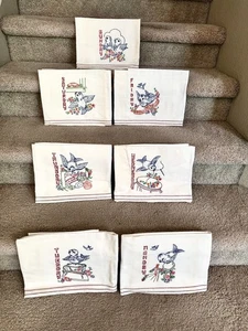 Vintage Cotton Dish Towels 7 Days of the Week Bluebird hand embroidered, UNUSED! - Bild 1 von 5