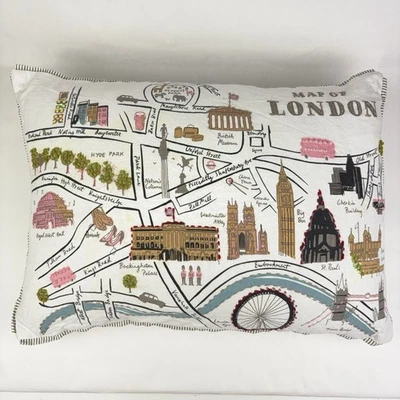 Map of London Printed & Embroidered Feather-Filled Rectangular Throw Pillow - Image 1 of 4
