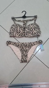 Leopard Print Beige/Black Padded Bikini Set Top 36c Bottoms Uk12 New - Picture 1 of 8