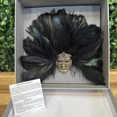 NIB! Huge Heidi Daus Mardi Gras Masquerade Mask Crystal RS & Feathers BROOCH - Image 1 of 4