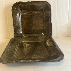 Vintage Plates (2) Pottery Stoneware Square Display Dark Green Handcrafted 9” - Picture 1 of 11