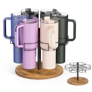 40oz Tumbler Organizer, Rotatable Cup Holder w/ Wooden Base - Kitchen Storage - Picture 1 of 10