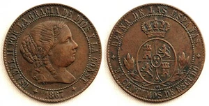 Spain-Isabel Ii. 2 1/2 Cents Shield 1867. Jubia. EBC XF Copper 6,2 G - Picture 1 of 1