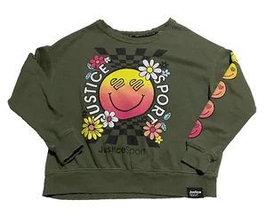 Girls M Medium (10) Justice Sport Sweatshirt Green Perfect Graphics Smiley Face - Picture 1 of 11