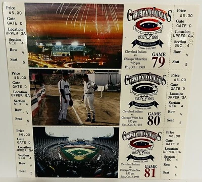 1993 Cleveland Indians Municipal Stadium Final Series Uncut Tickets. Embossed - Image 1 of 3