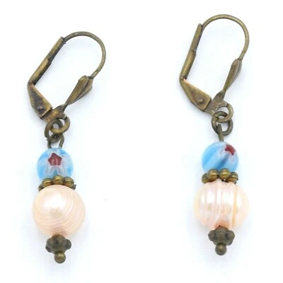 Fresh Water Pearls Dangle Drop Bronze Earrings With Italian Millefiori Stones  - Image 1 of 4