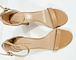 Stuart Weitzman Size 9 Leather Ankle Strap Taupe Open Toe Block High Heels Shoes - Picture 1 of 11