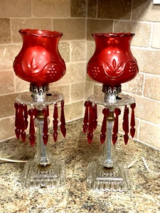 VINTAGE PAIR ETCHED CRANBERRY GLASS BOUDOIR 15" HURRICANE LAMPS (17E) - Picture 1 of 12