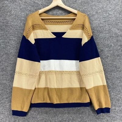 Unbranded Sweater Pullover Women M Medium Beige Striped V-Neck Knit Long Sleeve - Image 1 of 4